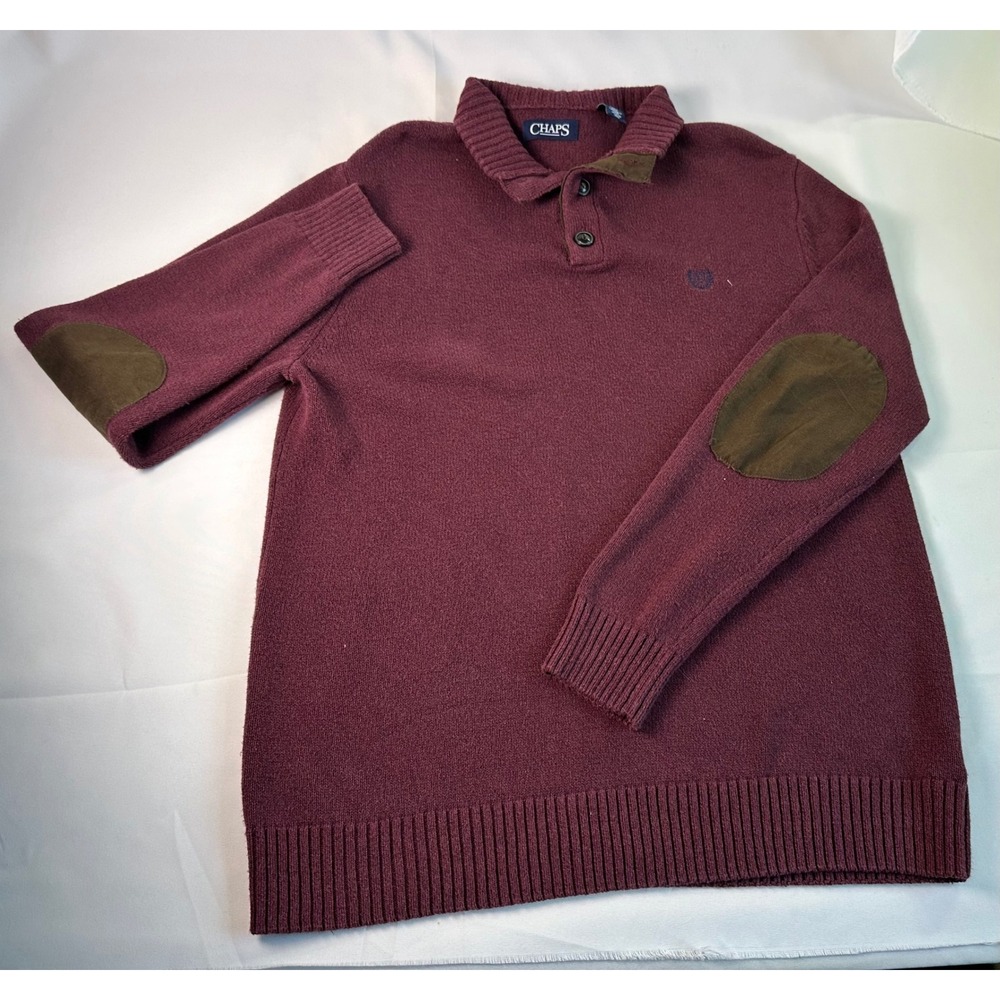 CHAPS Mens Burgundy Sweater Cotton Blend Brown Suede Elbow Patches Medium Collar
